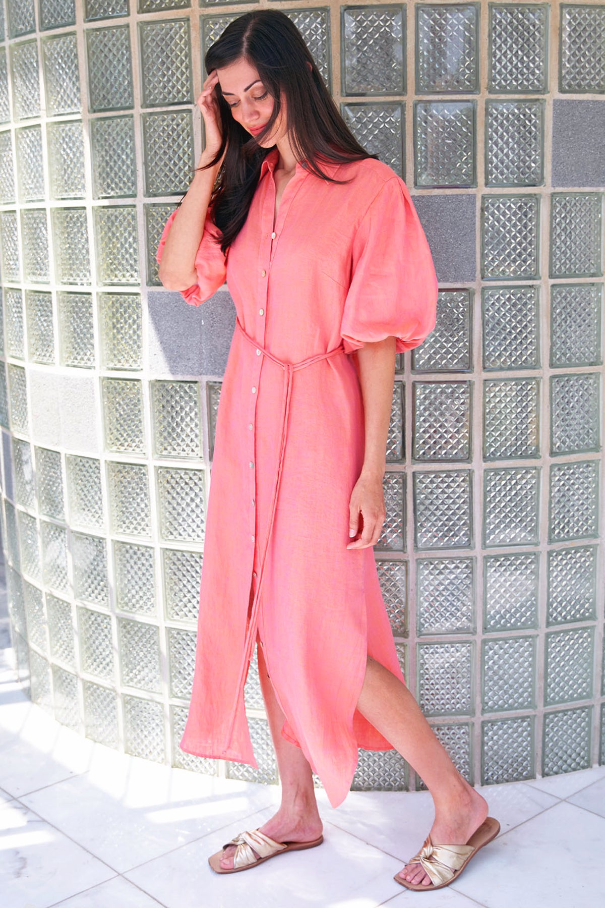 Pink fashion linen shirt dress