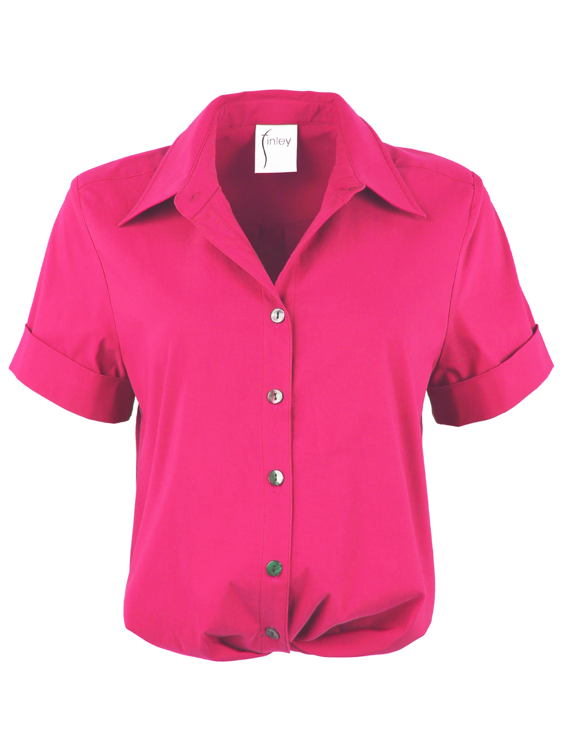 A front view of the Alli blouse in fuschia, showcasing its cropped length and twist-front hem.
