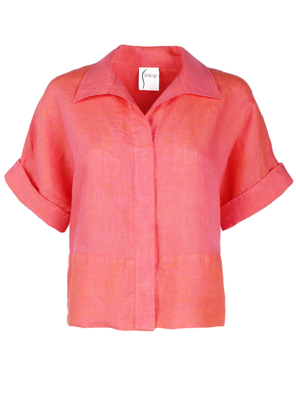 Bennett Cropped Linen Blouse, Peony Pink