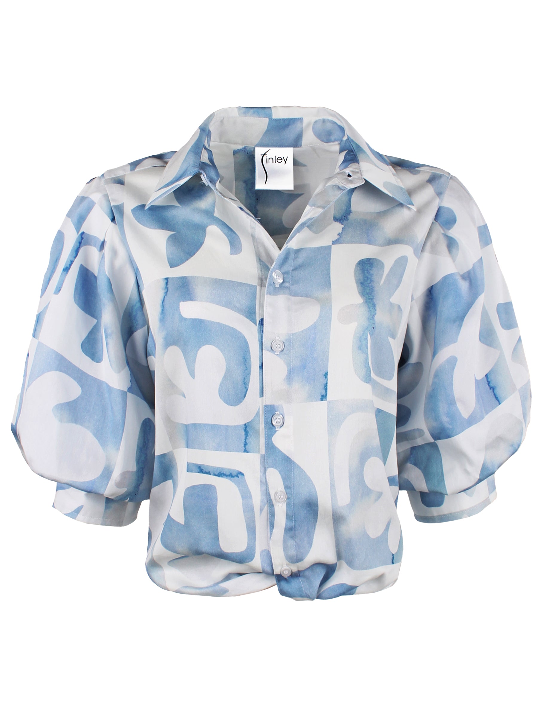 A front view of the Bomba blouse with elbow blouson sleeves, 100% cotton, sky blue, and floral Matisse print.
