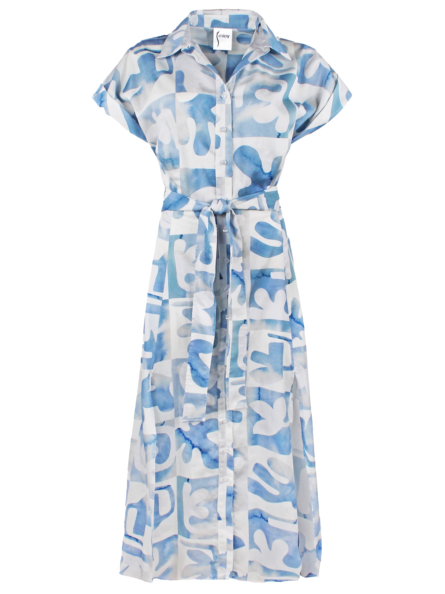 A front view of the Chantal long dress, featuring a shift silhouette with a tie-front waist, spread collar, and sky blue floral pattern.
