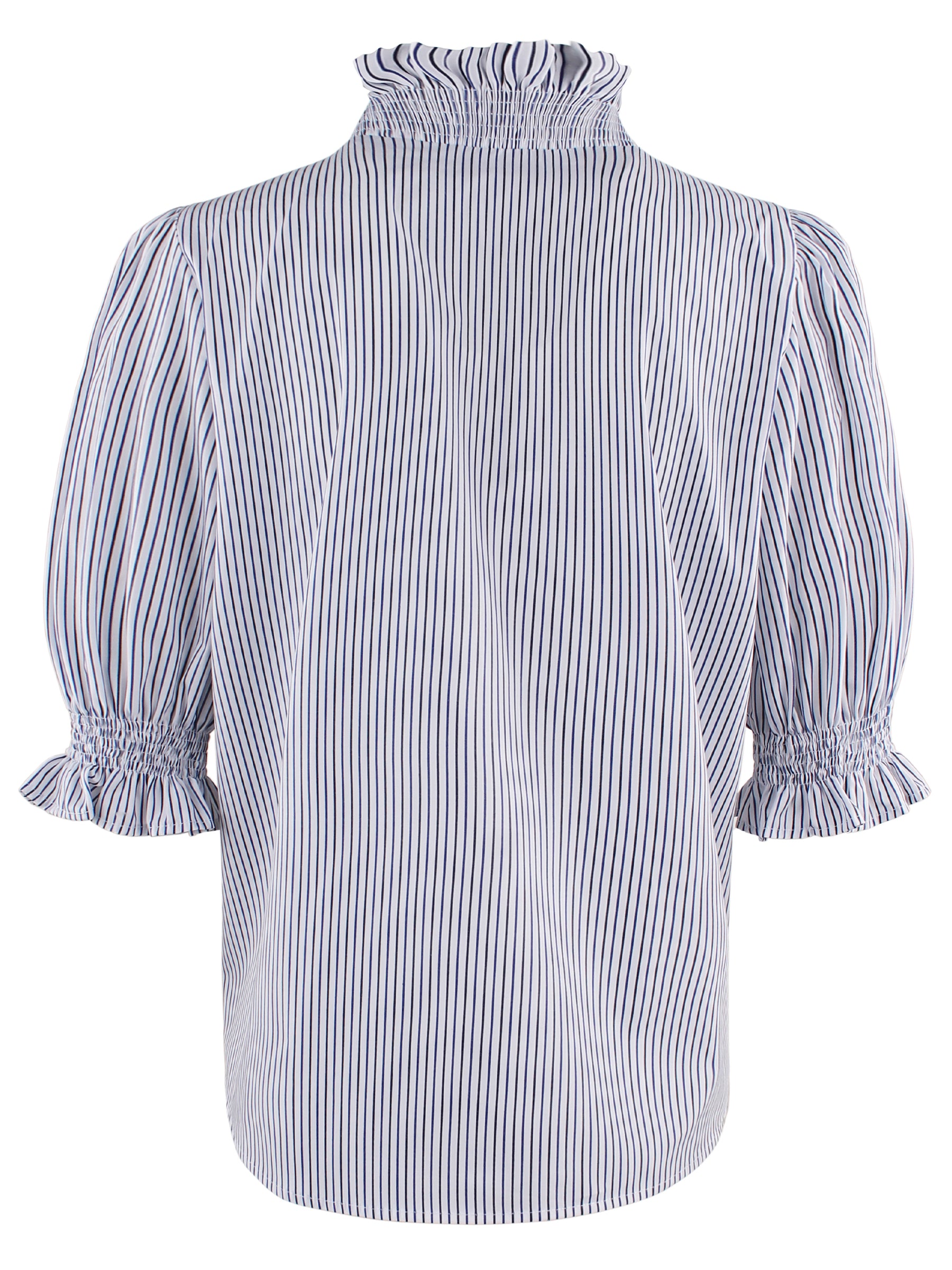 A rear view of the Finley Cici blouse, a blue & black stripe short sleeve blouse with a v-neck, ruffle blouson sleeves, and ruffle collar detail.