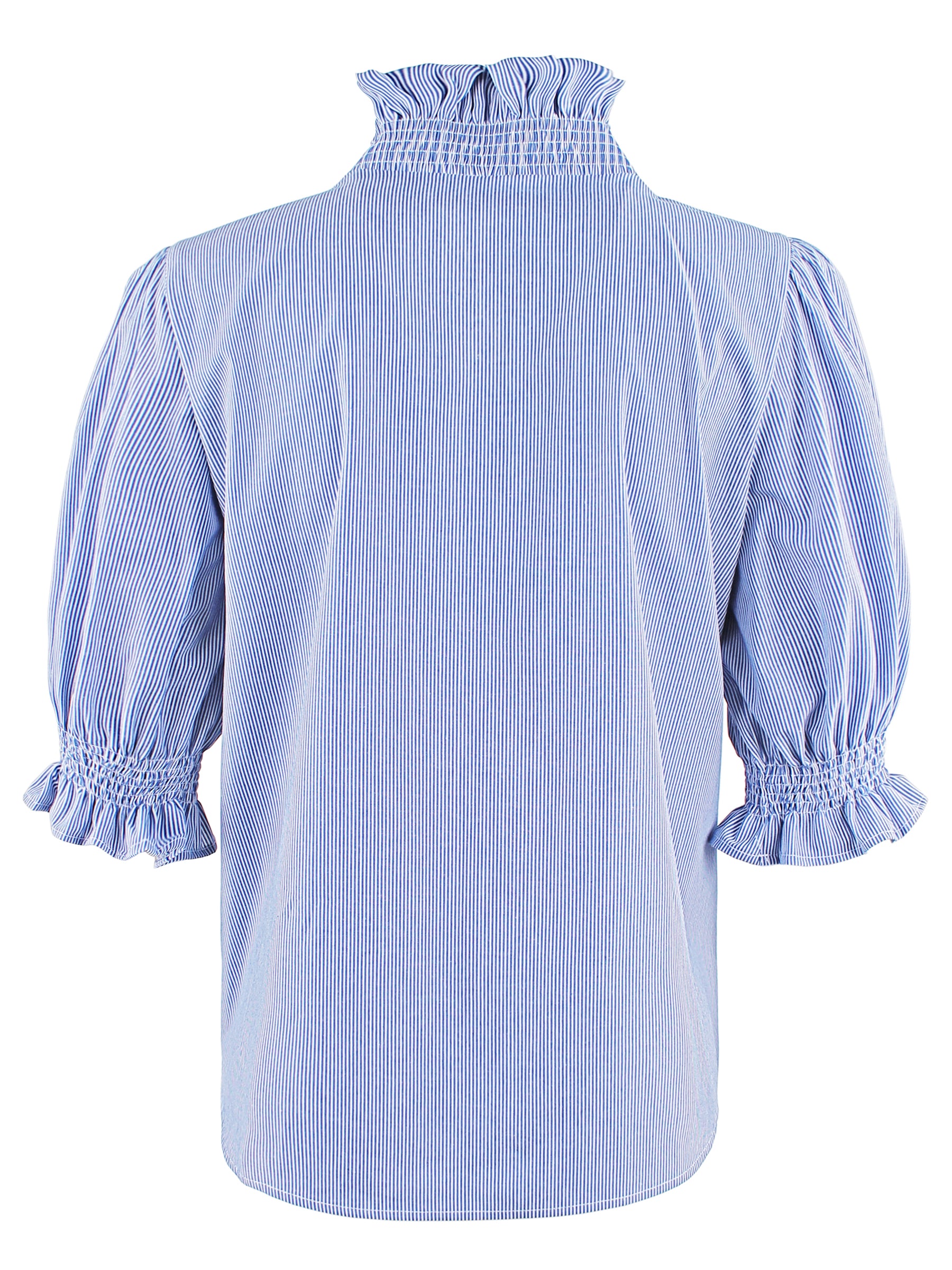 A rear view of the Finley Cici blouse, a blue and white stripe short sleeve blouse with a v-neck, ruffle blouson sleeves, and ruffle collar detail.