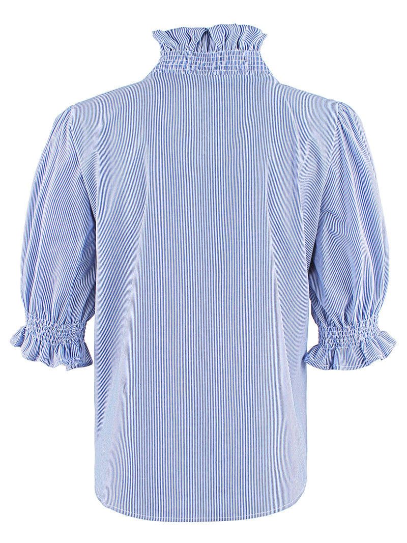 A rear view of the Finley Cici blouse, a blue and white stripe short sleeve blouse with a v-neck, ruffle blouson sleeves, and ruffle collar detail.