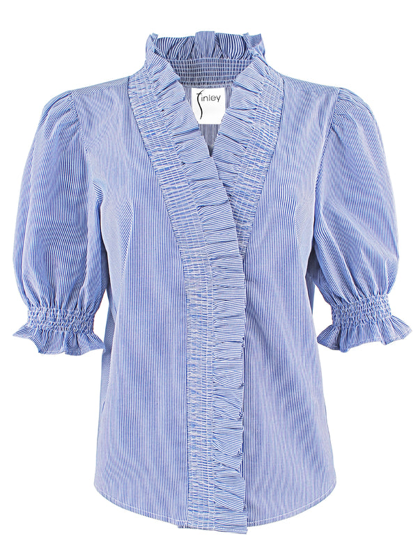 A front view of the Finley Cici blouse, a blue & white stripe short sleeve blouse with a v-neck, ruffle blouson sleeves, and ruffle collar detail.