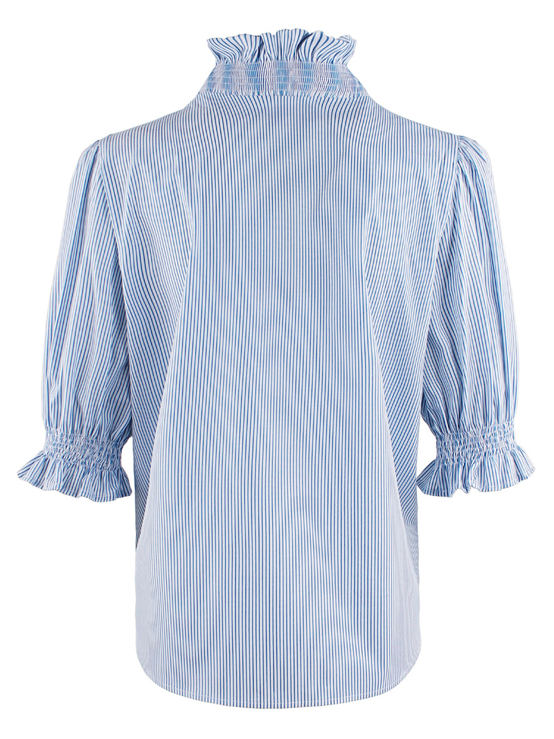 A rear view of the Finley Cici blouse, a blue and white striped short sleeve blouse with a v-neck, ruffle blouson sleeves, and ruffle collar detail.