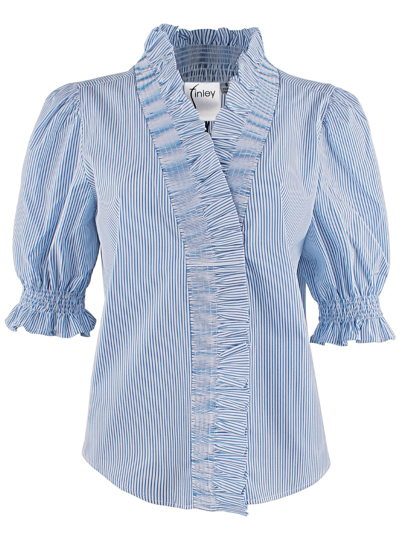 A front view of the Finley Cici blouse, a blue and white striped short sleeve blouse with a v-neck, ruffle blouson sleeves, and ruffle collar detail.