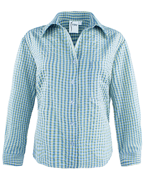 A front view of the Finley Andie blouse, a cropped point collar blouse in blue & green seersucker check