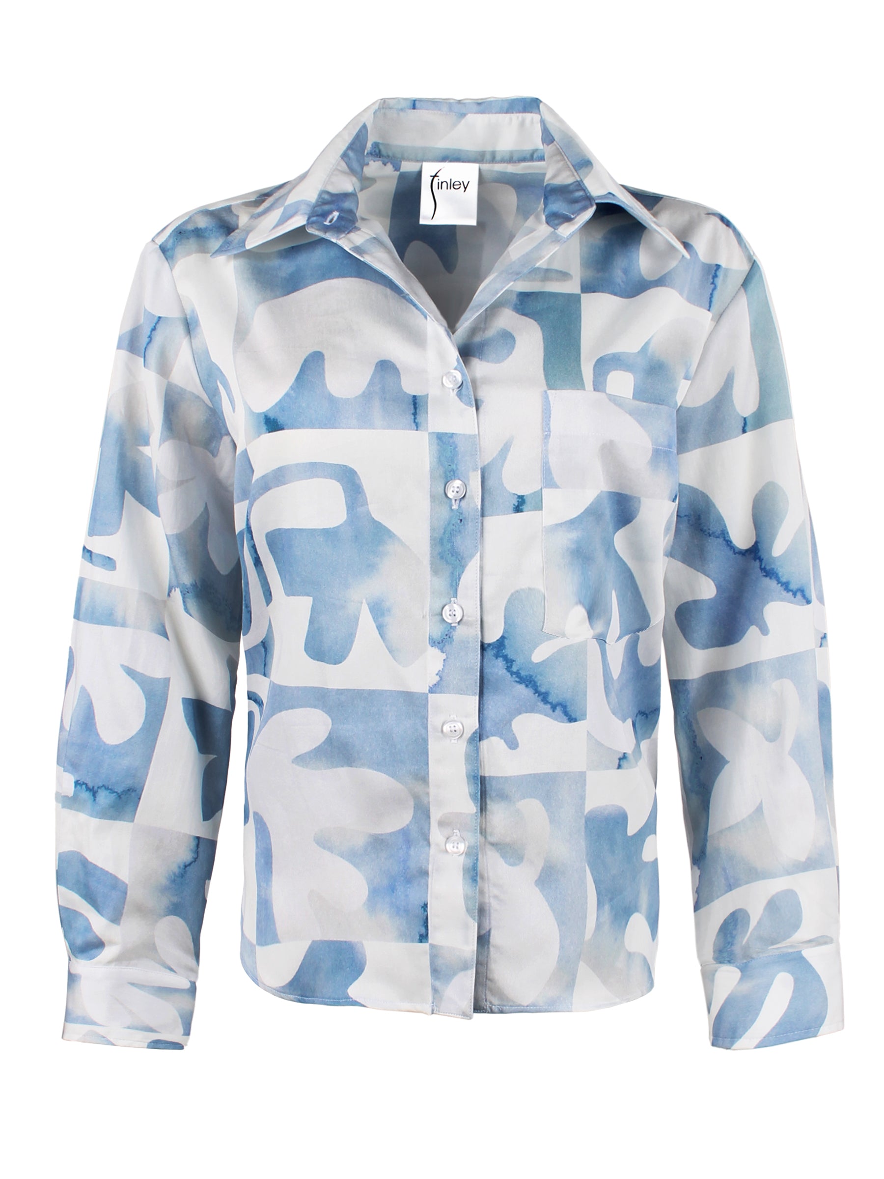 A front view of the Andie shirt in sky blue, cropped length, chest pocket, 100% cotton, and Matisse print.
