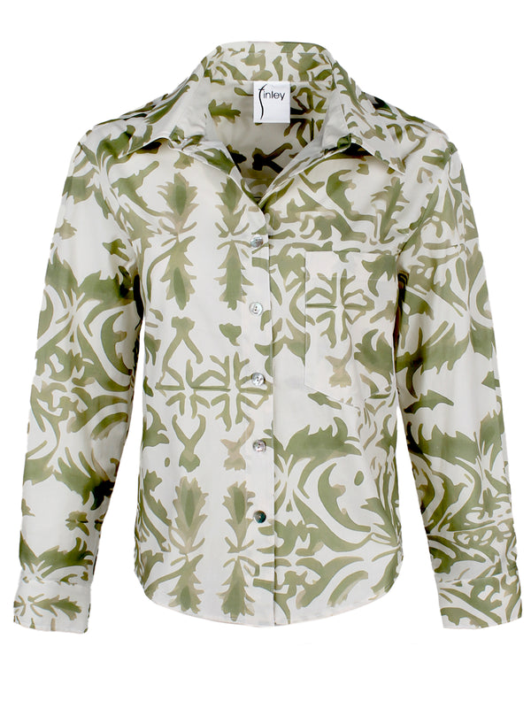A front view of the Finley Andie blouse, a cropped cotton button down shirt with a point collar and a sage green stile print.