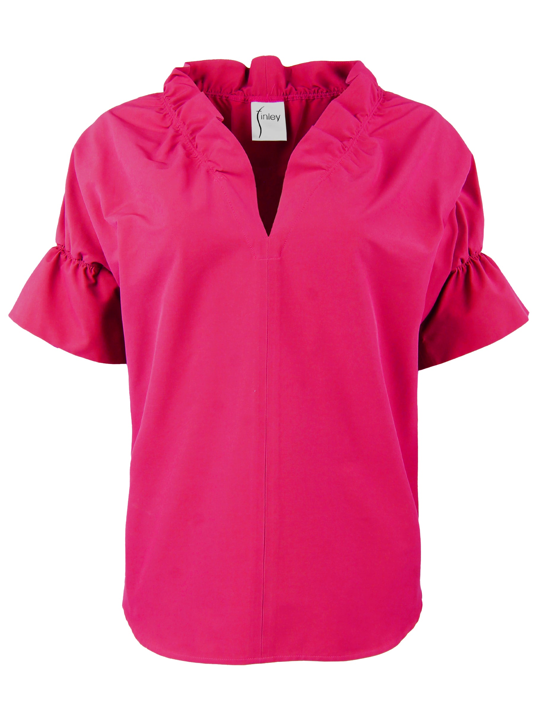 A front view of the Crosby blouse in fuschia, showcasing its v-neck design and cuff sleeve finish.
