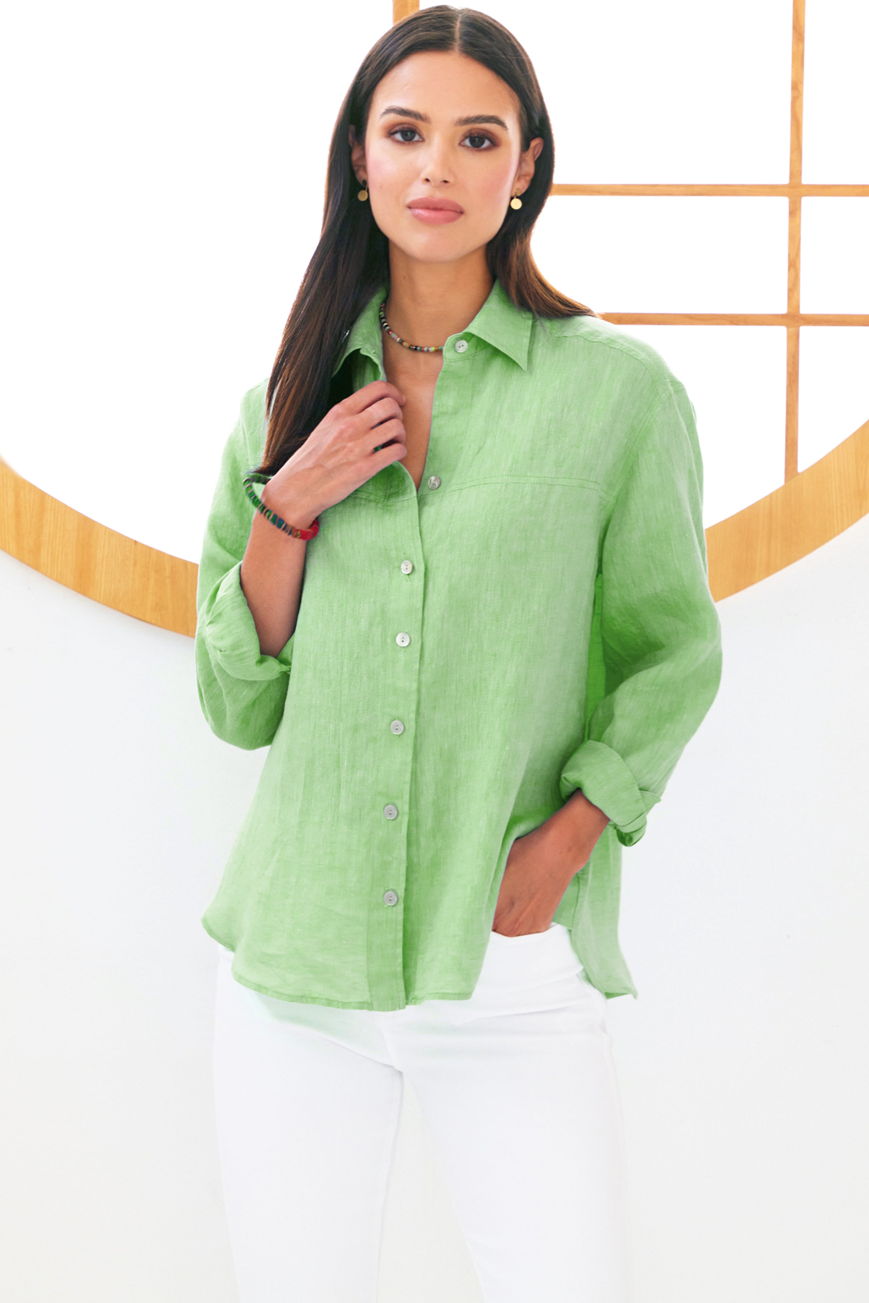 Long Sleeve Green Washed Linen Boyfriend Shirt | Finley Shirts