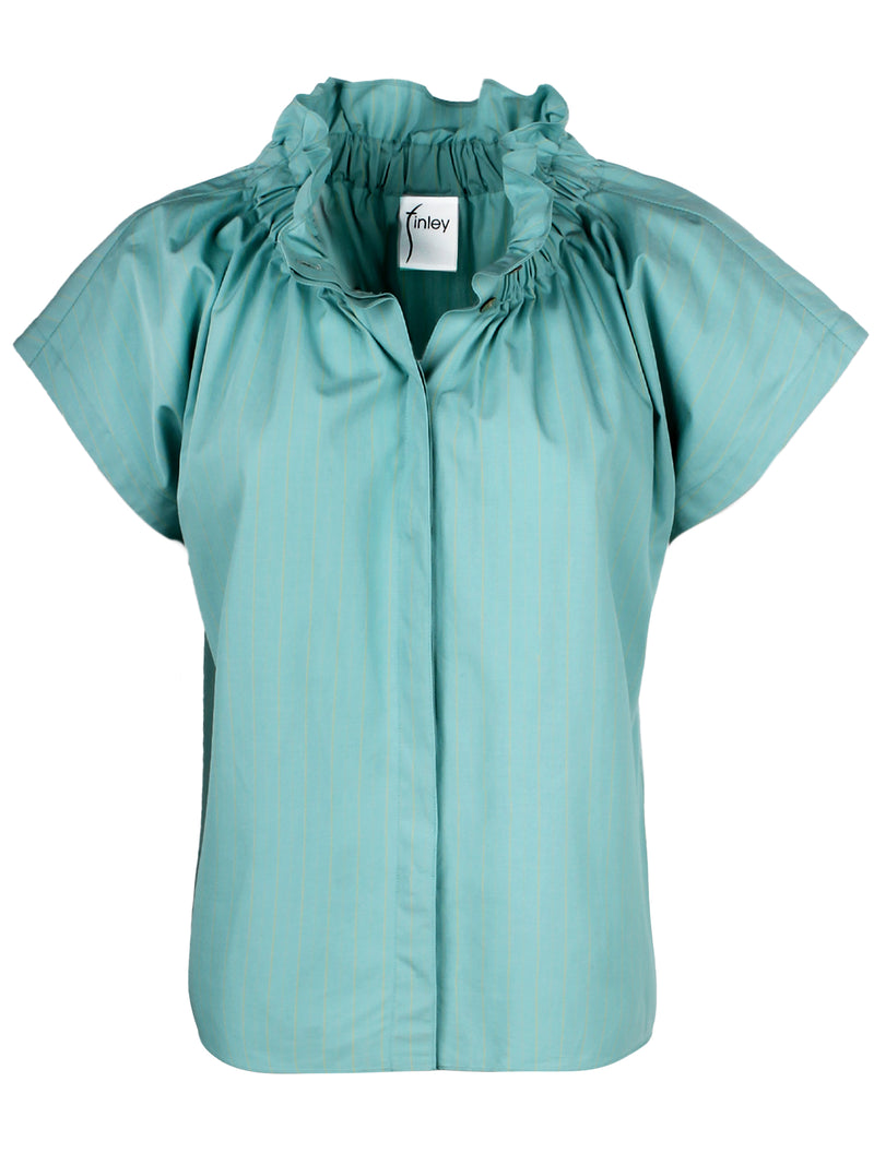 A front view of the Finley Jenny top, a olive striped ruched popover blouse with a ruffle v-neck and a relaxed contour.