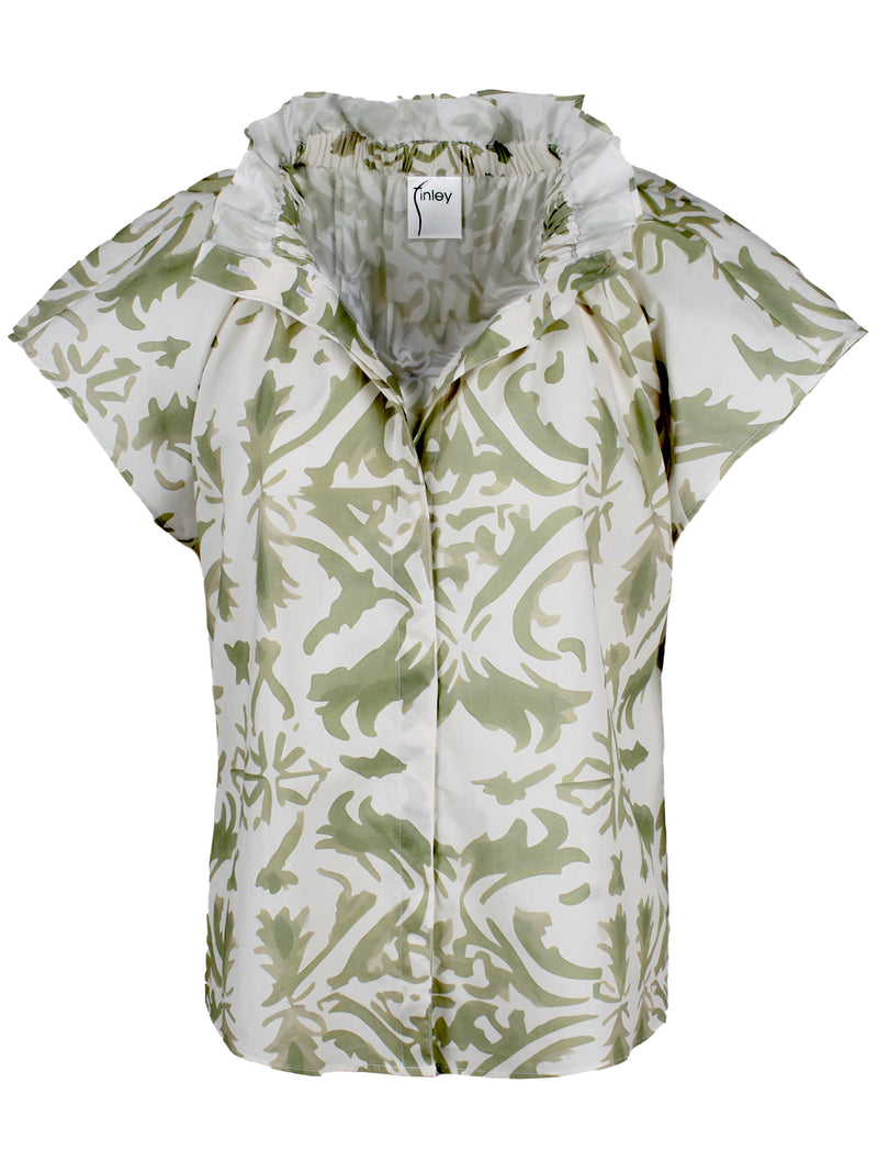 A front view of the Finley Jenny top, a white and green floral print ruched popover blouse with a ruffle v-neck and a relaxed contour.