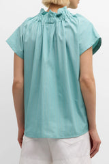 A rear view of the Finley Jenny top, a olive striped ruched popover blouse with a ruffle v-neck and a relaxed contour.