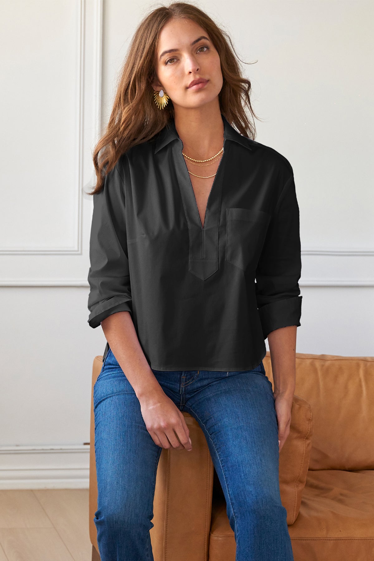 Joni Popover Shirt Black Silky Poplin