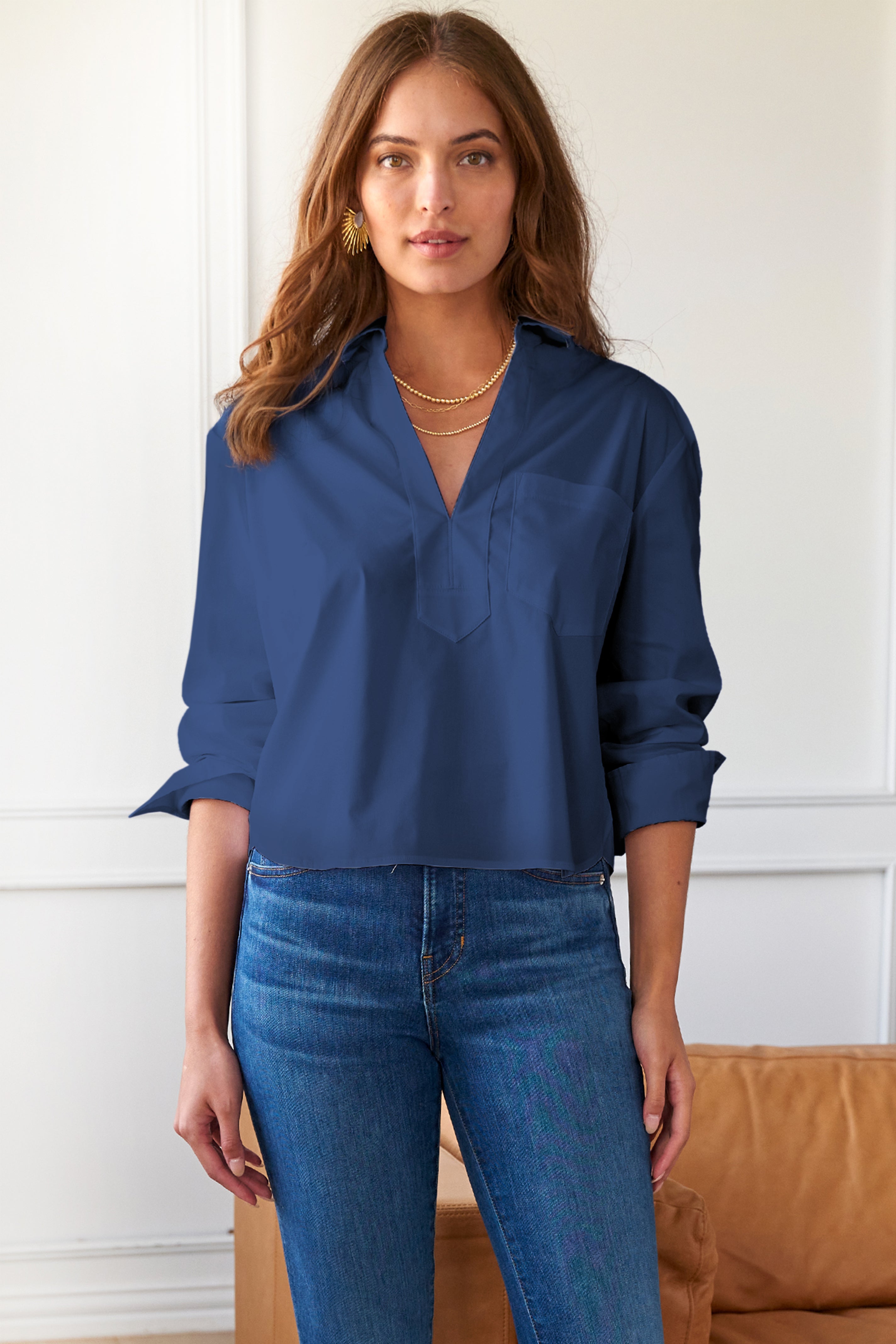 Joni Popover Shirt Navy Silky Poplin