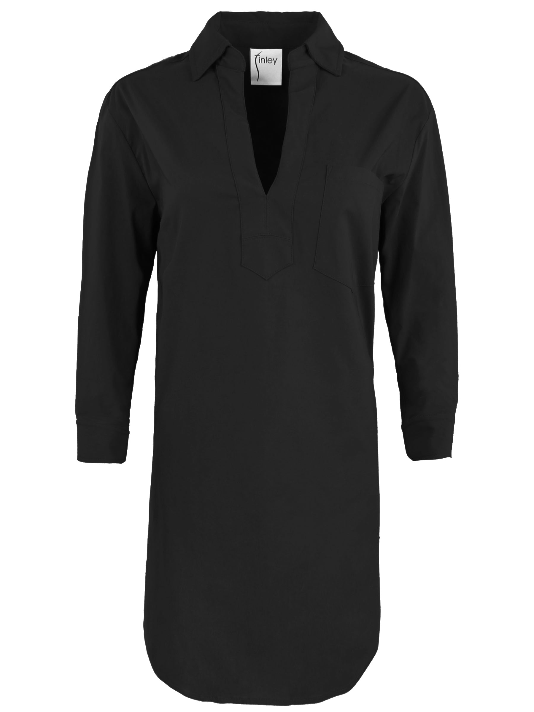 a front view of the Julia shirt dress in black, with a v-neck and long sleeves
