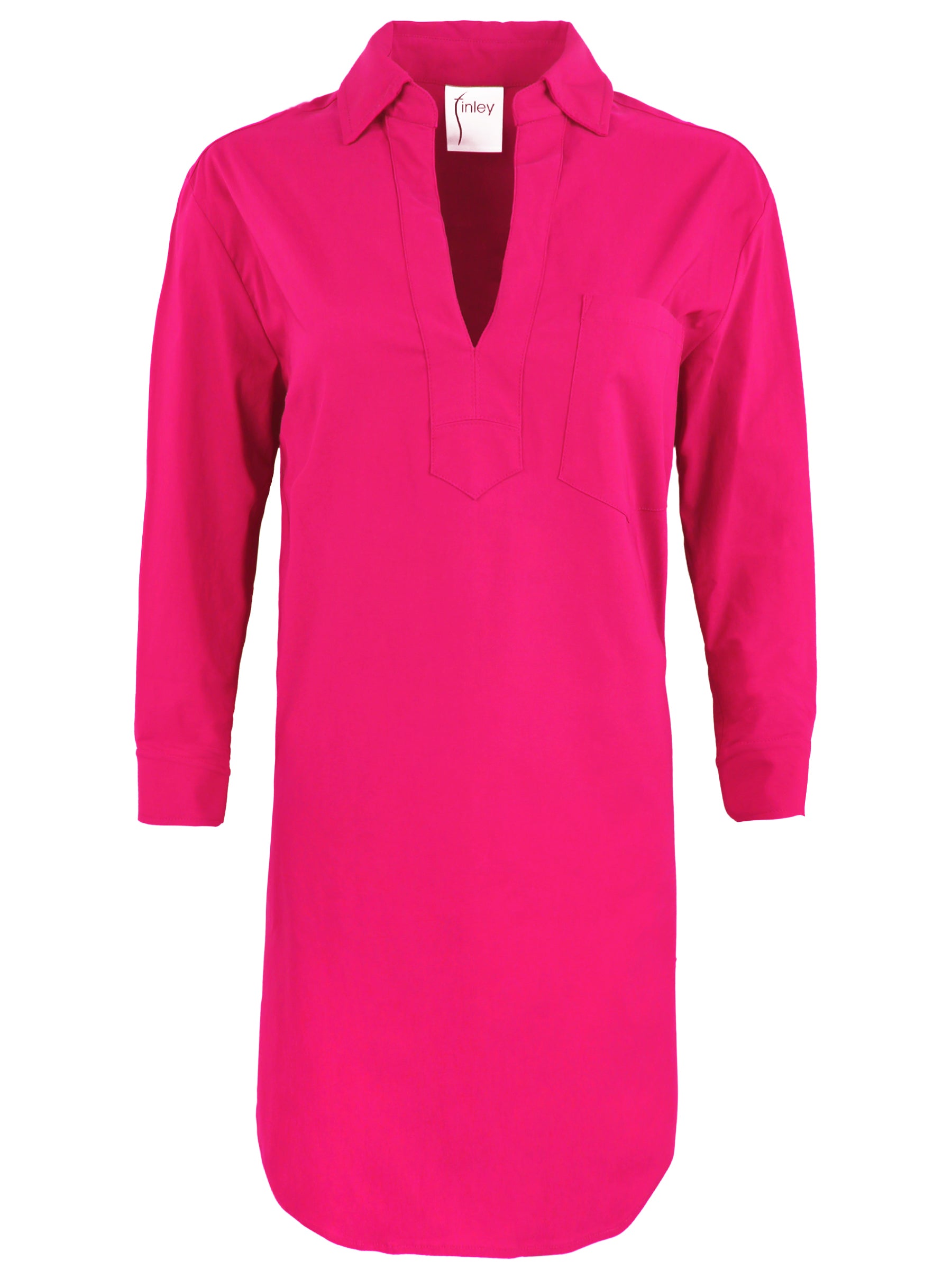 a front view of the Julia shirt dress in fuschia, featuring a popover design and a shift silhouette
