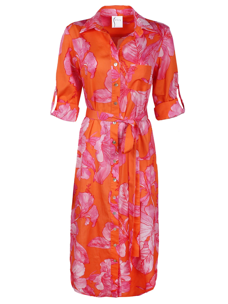 A front view of the Alex dress, a tie-front maxi dress with a relaxed contour, an A-line silhouette, and a royal Hawaiian pink & red floral print.