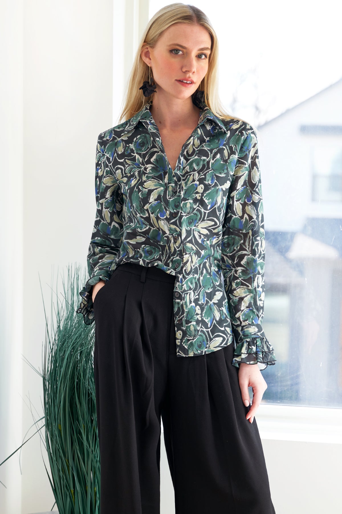 Marianne Shirt Wintergreen Foliage Print