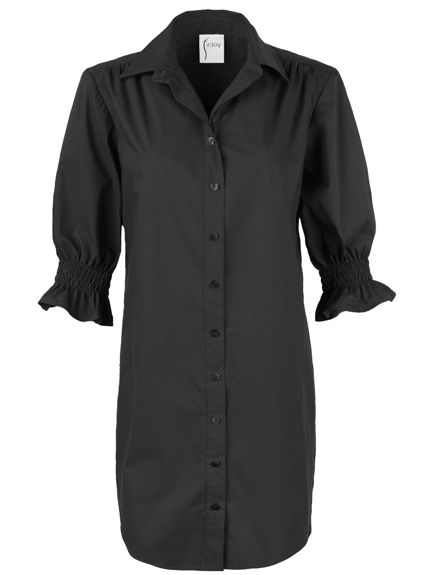 a front view of the Miller shirt dress in black, with pockets and a shift silhouette
