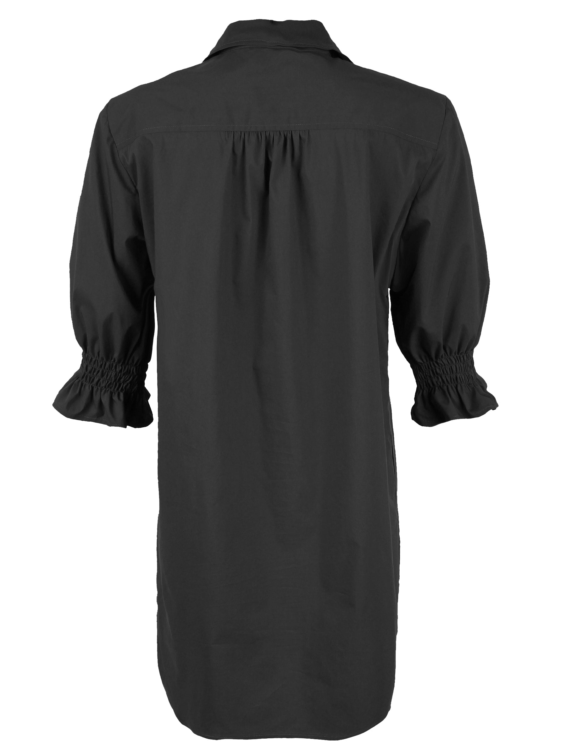 a back view of the Miller shirt dress in black, crafted with super stretch viscose and elastic puff sleeves
