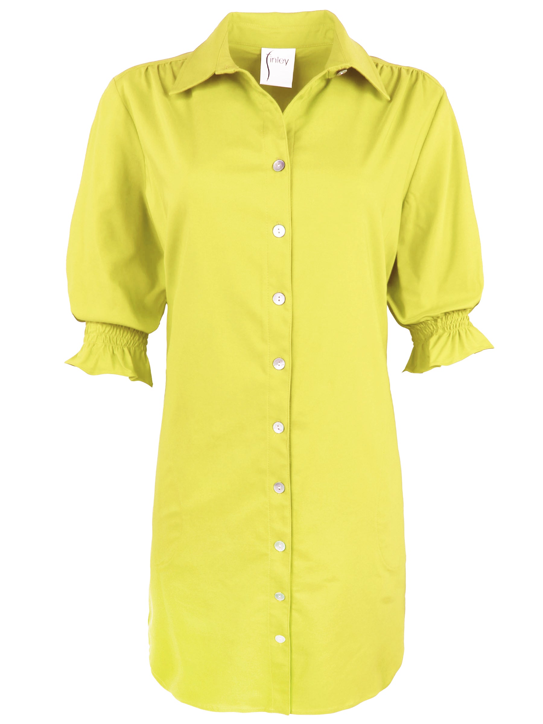 a front view of the Miller shirt dress in citron, with a shift silhouette and puff sleeves
