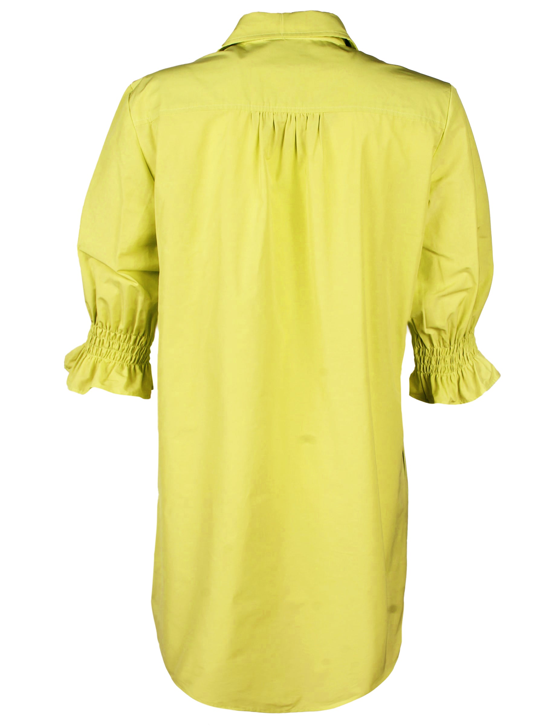 a back view of the Miller shirt dress in citron, showcasing its elastic puff sleeves and pockets
