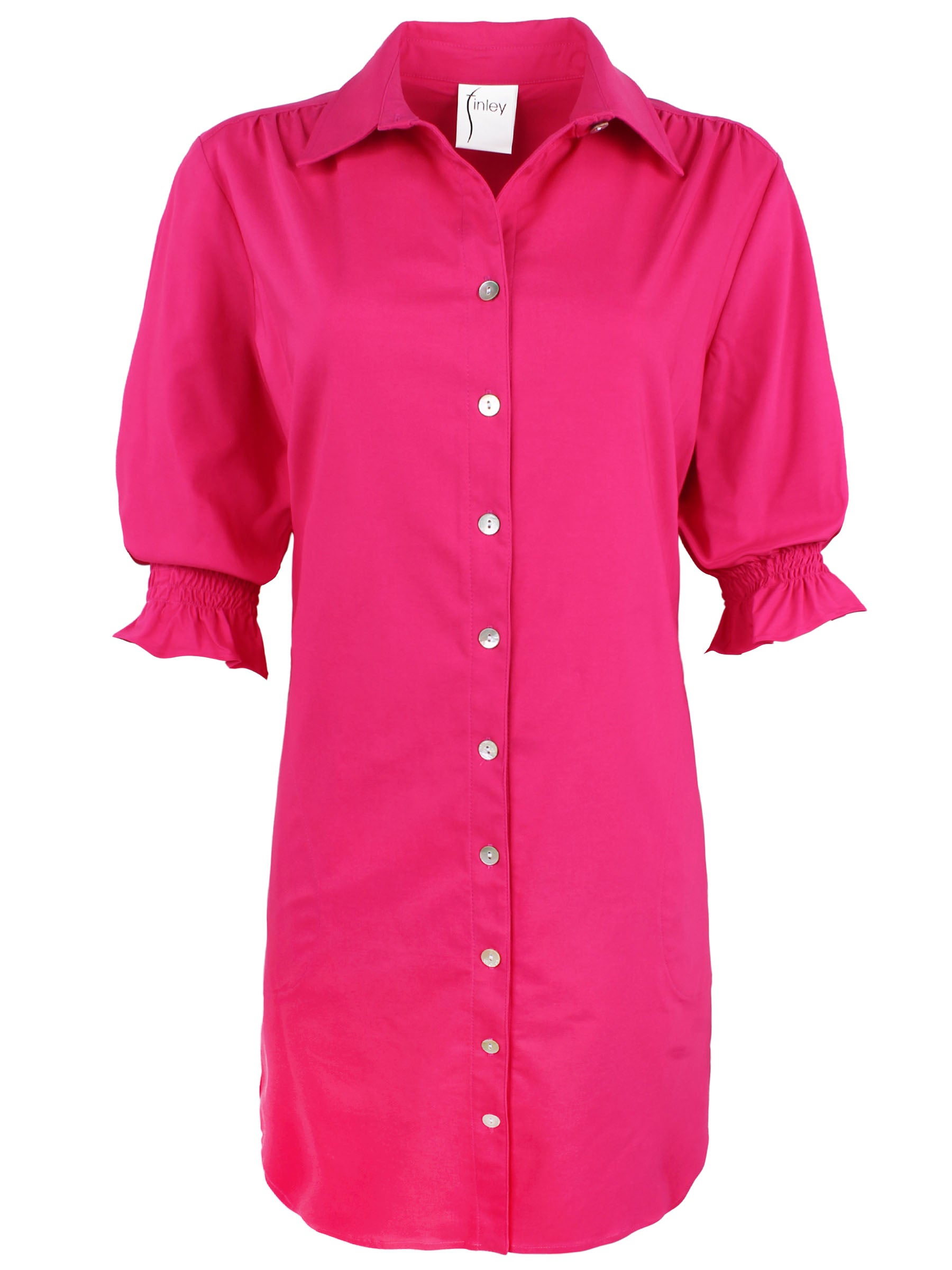 a front view of the Miller shirt dress in fuschia, crafted with a viscose blend and a shift silhouette
