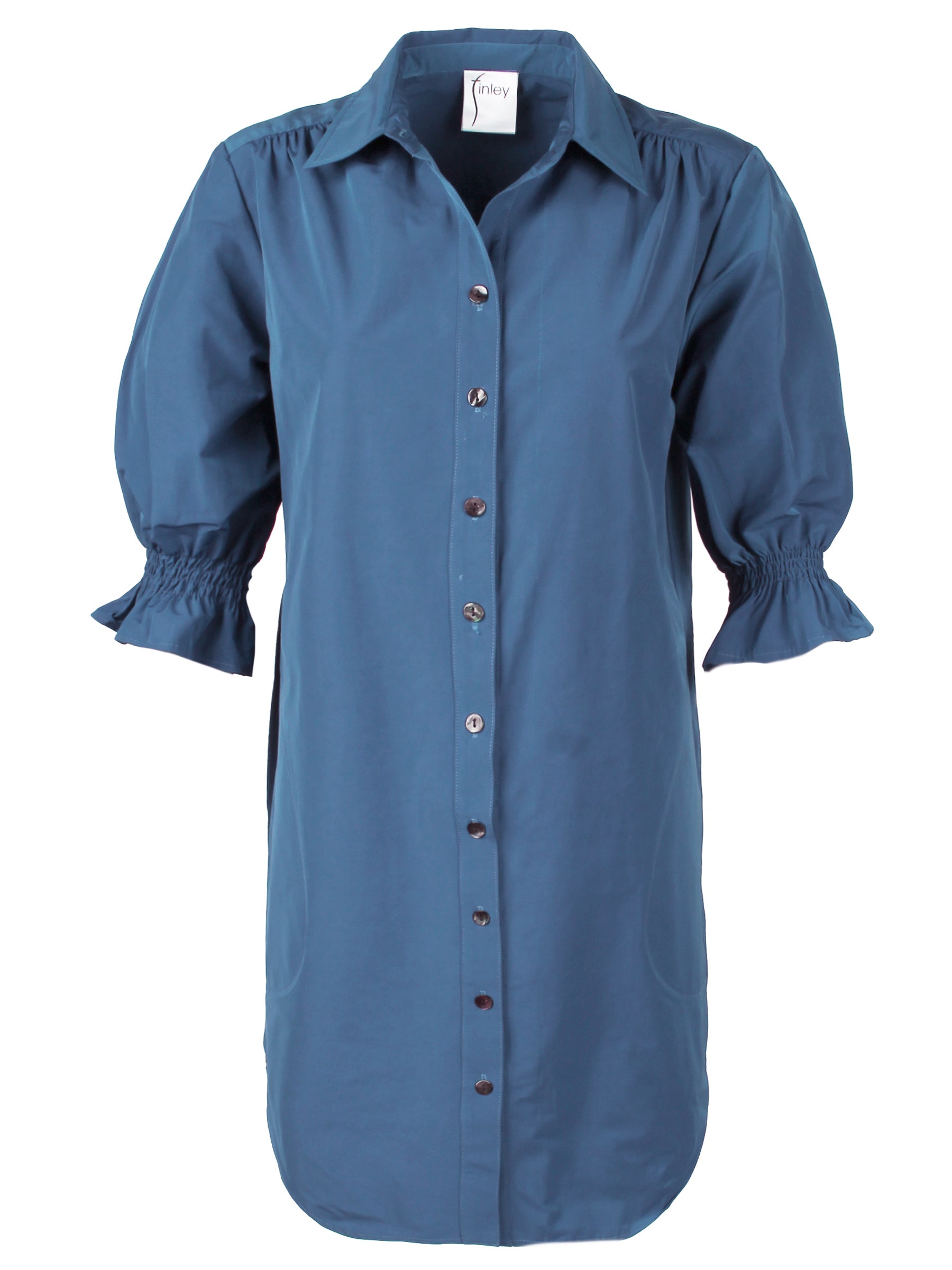 a front view of the Miller shirt dress in indigo, with super stretch viscose and a shift silhouette
