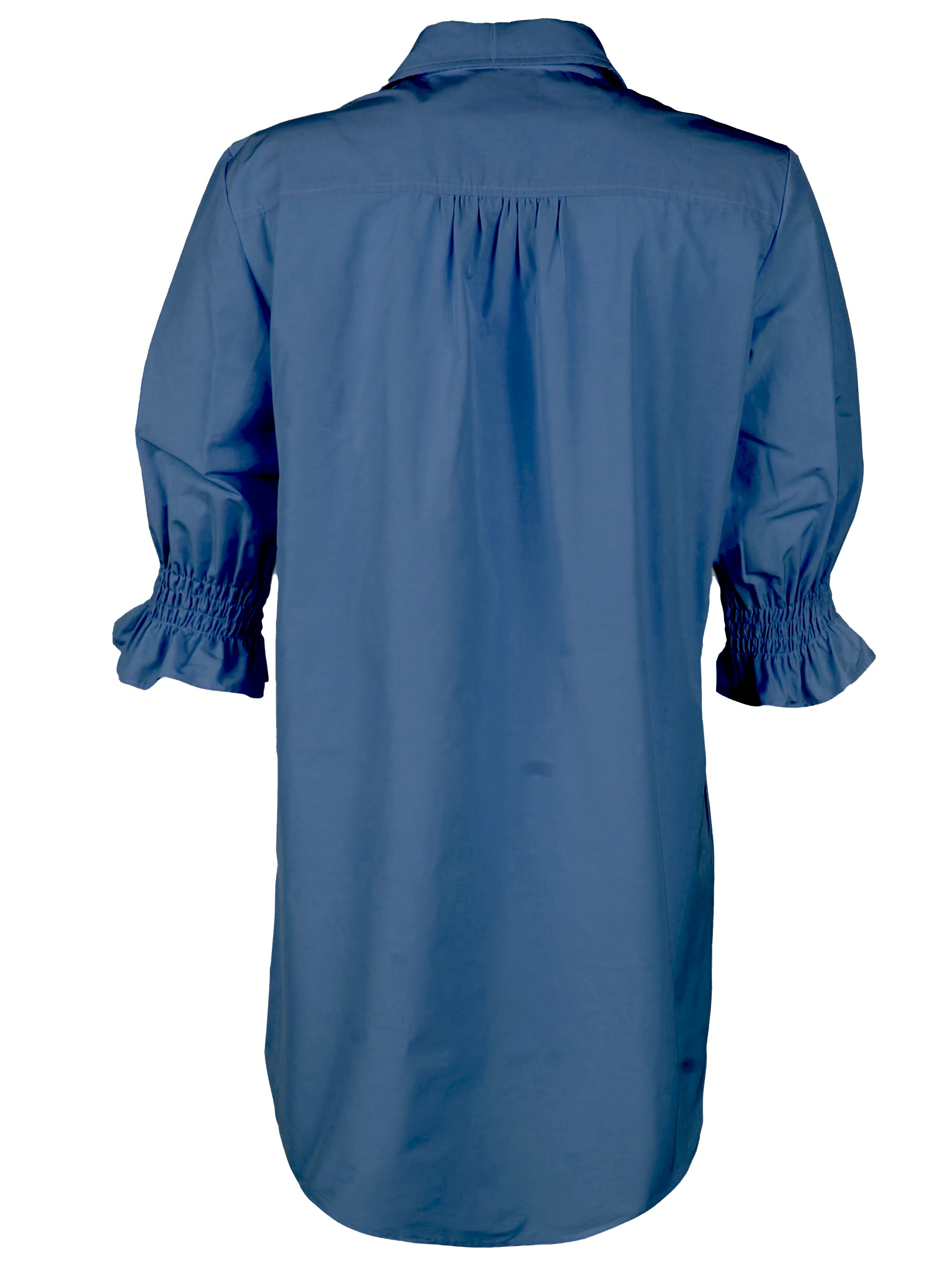 a back view of the Miller shirt dress in indigo, designed with elastic puff sleeves and side pockets
