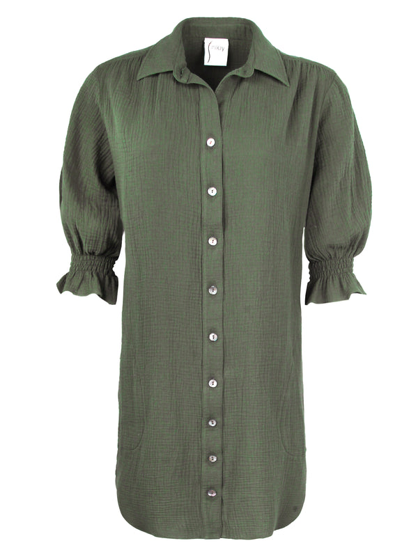 Miller Puff Sleeve Olive Double Gauze Shirt Dress