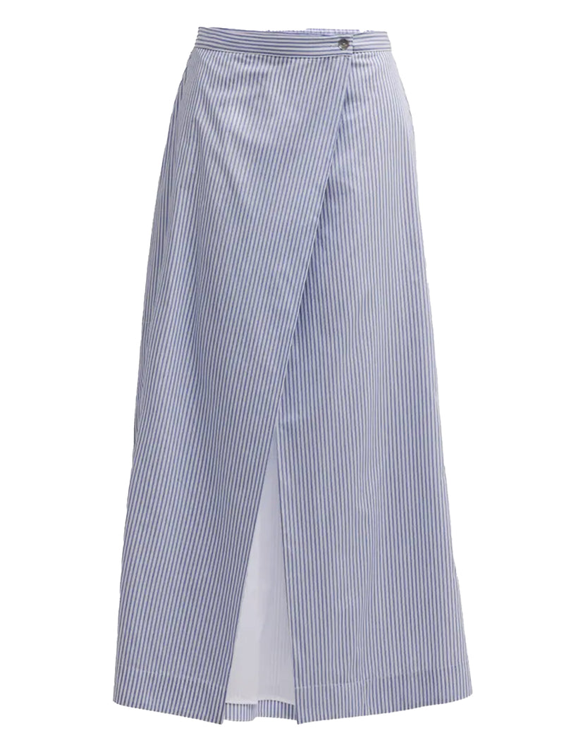 A front view of the Finley slit hem maxi wrap skirt, a womens cotton skirt with a straight silhouette and a button closure.