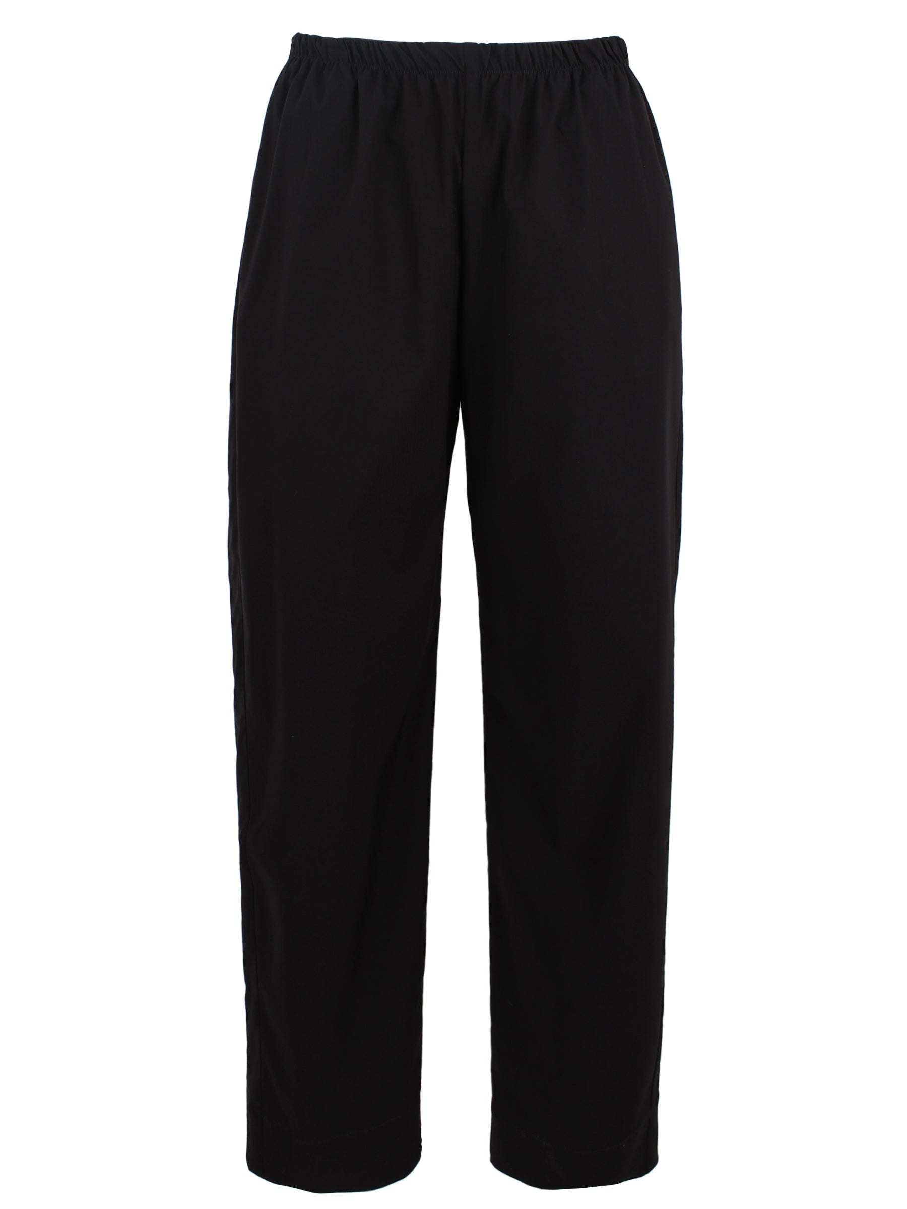 a front view of the Travel pant, a relaxed cropped fit with an elastic waist and stretch viscose blend
