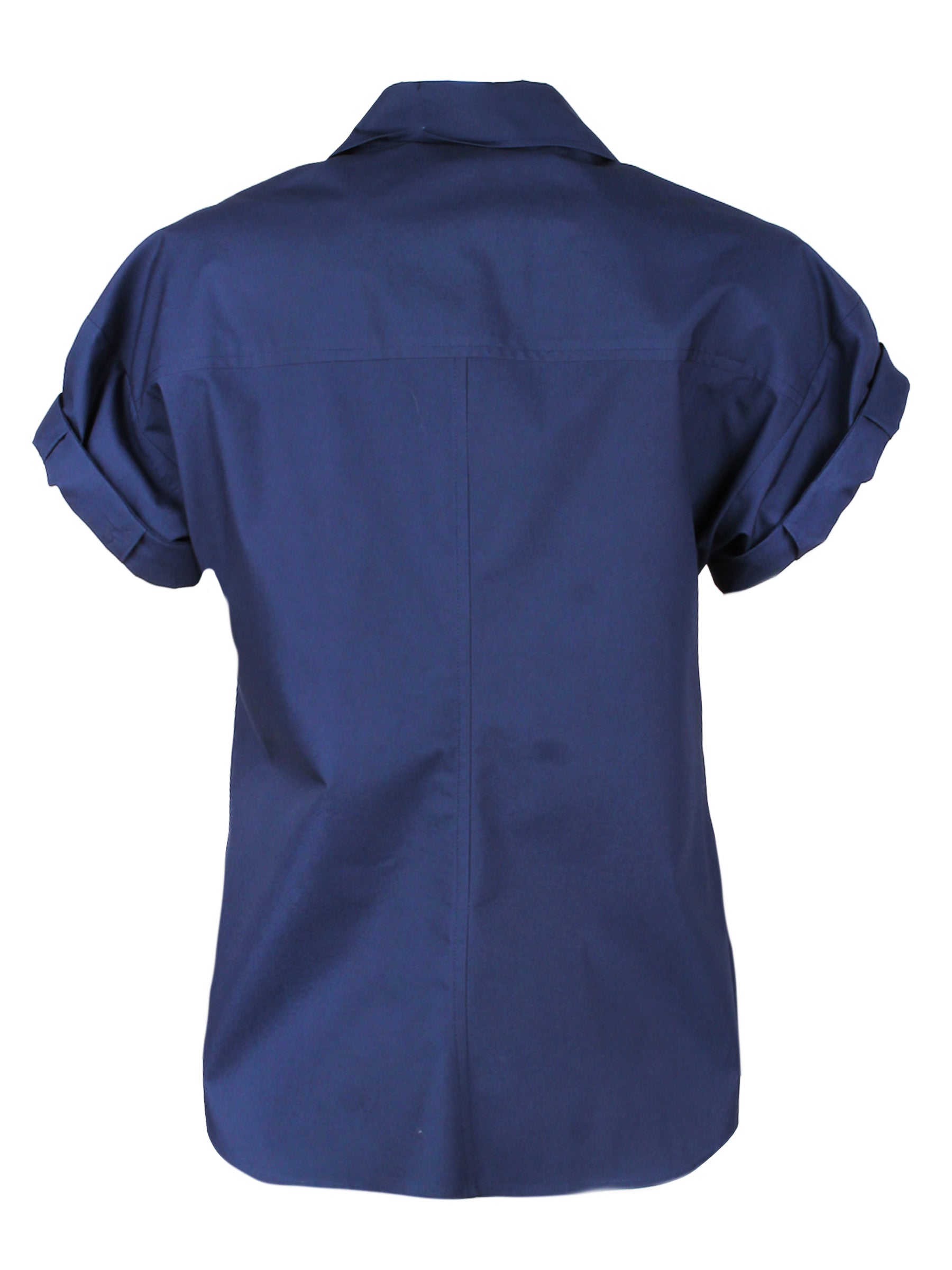 A rear view of the Finley Camp Shirt, a navy cotton poplin shirt with short roll sleeves and a relaxed shape.