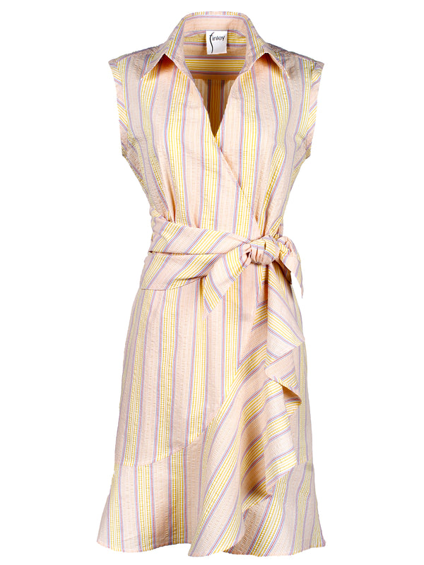 A front view of the Finley Farrah dress, a cotton tie front sleeveless midi wrap dress in a yellow seersucker stripe.
