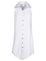 A front view of the Finley swing dress, a sleeveless button down midi shirt dress with an a-line silhouette and a white eyelet stripe.