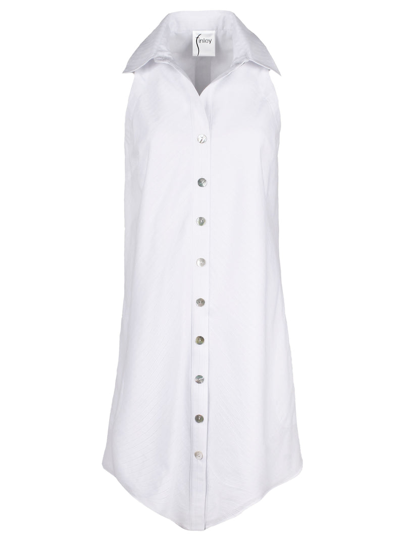 A front view of the Finley swing dress, a sleeveless button down midi shirt dress with an a-line silhouette and a white eyelet stripe.