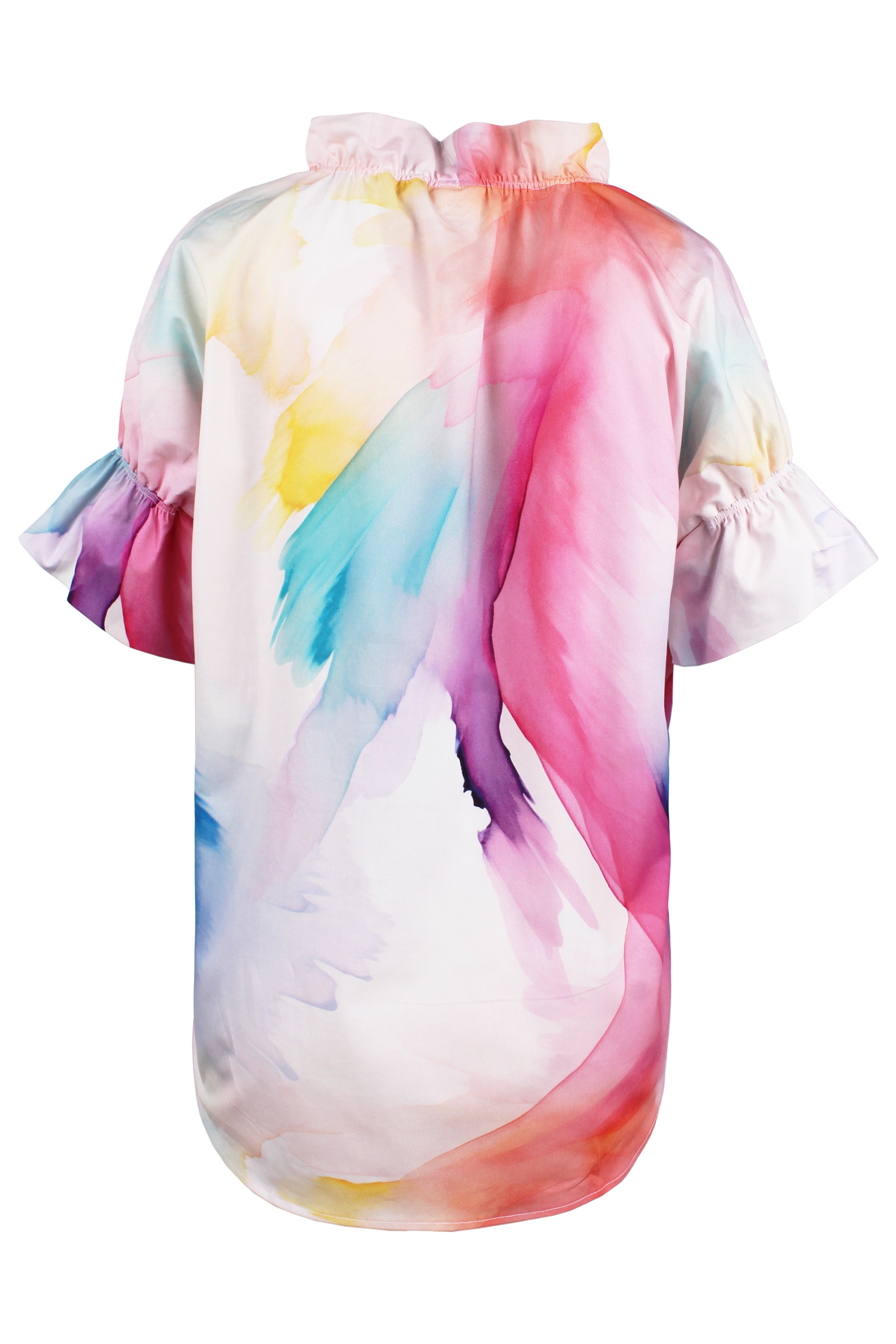 a back view of the Finley Crosby blouse with a watercolor print, relaxed contour, popover style, v-neck, and ruffle trim.
