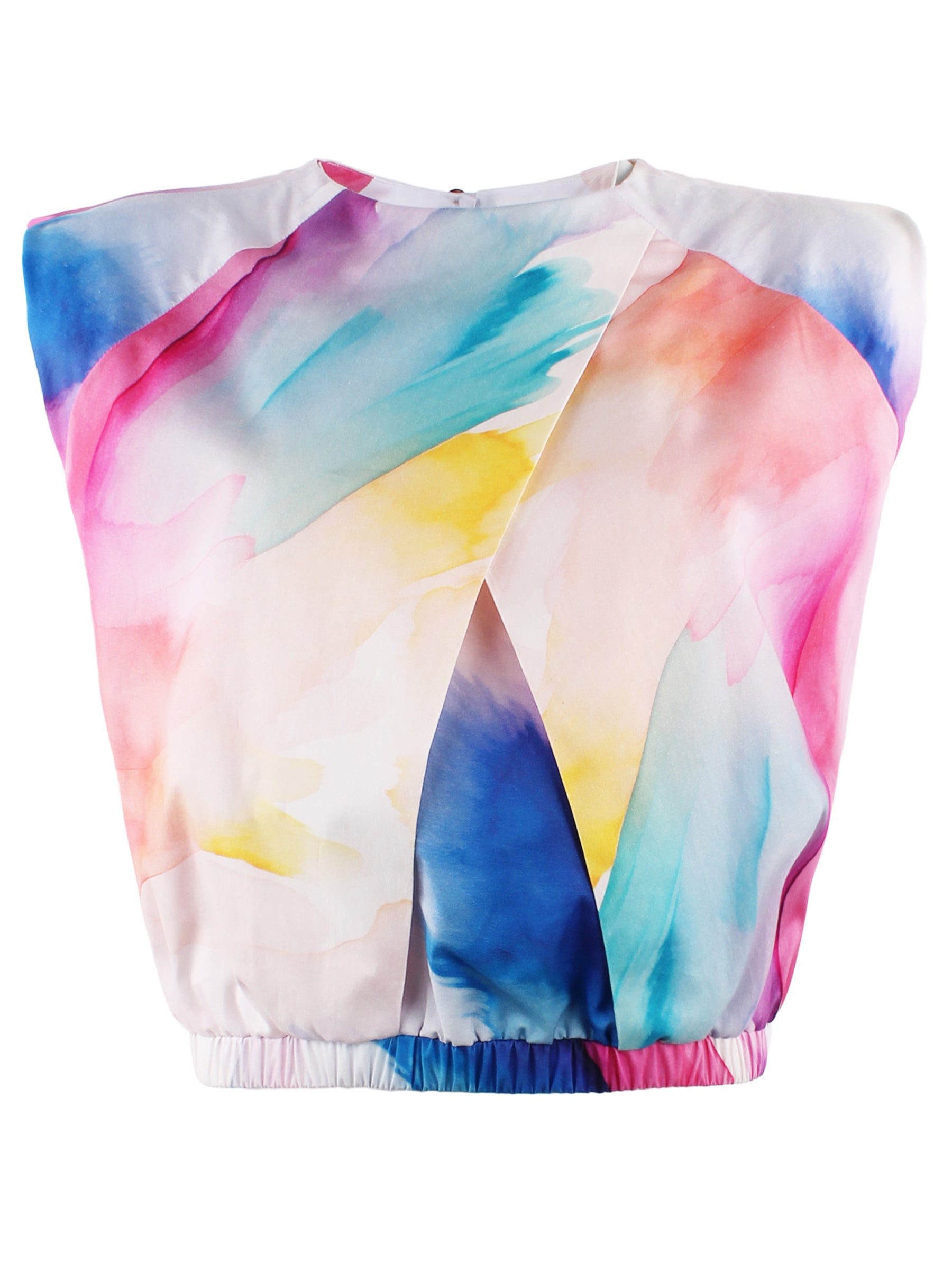 a front view of the Finley Sydney blouse with a sleeveless design, popover style, relaxed contour, cropped length, and watercolor print.
