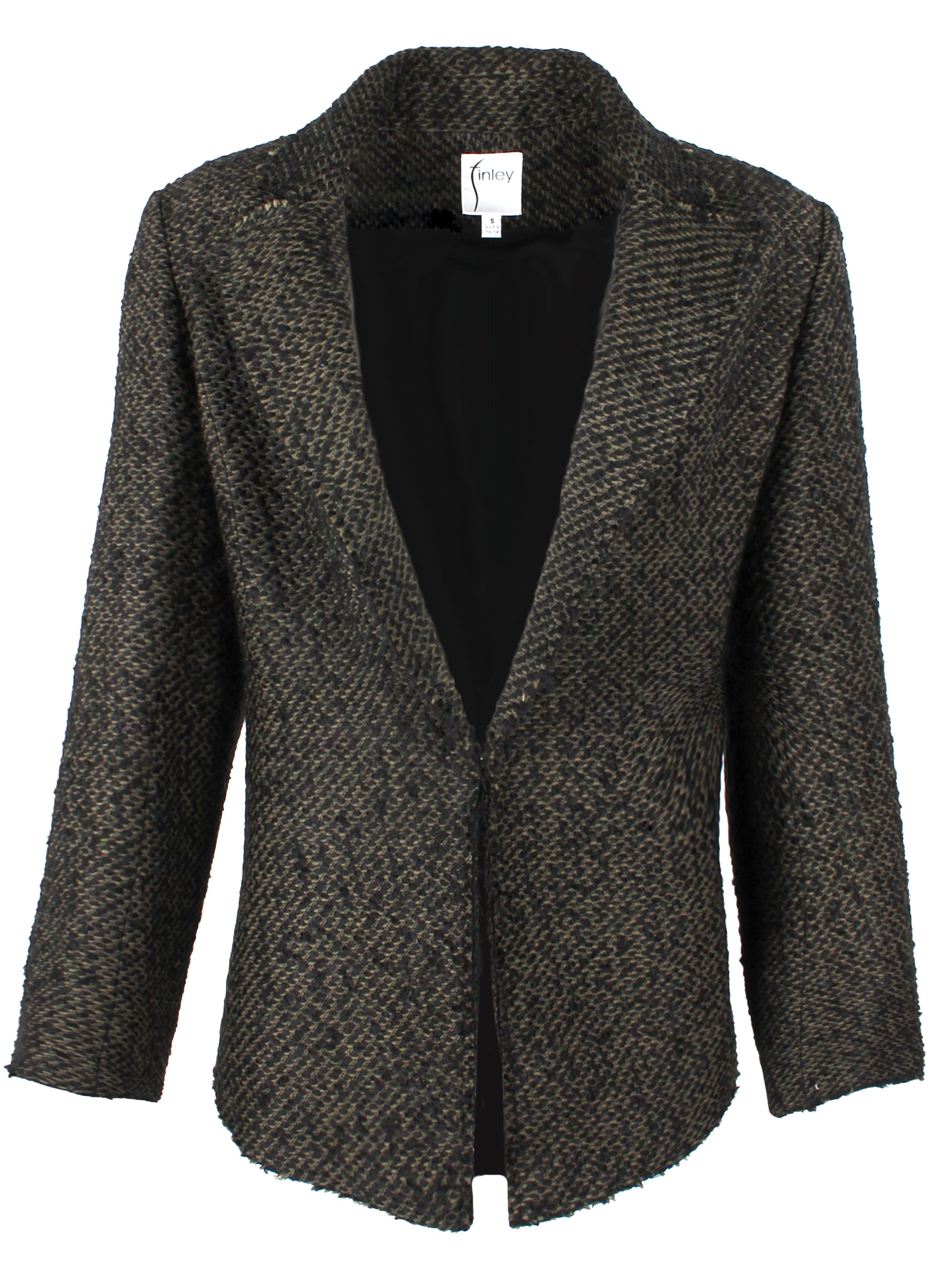 A front view of the Baxter tweed jacket, featuring a blazer style, notched collar, and an olive & black color combination with a semi-fitted cut.
