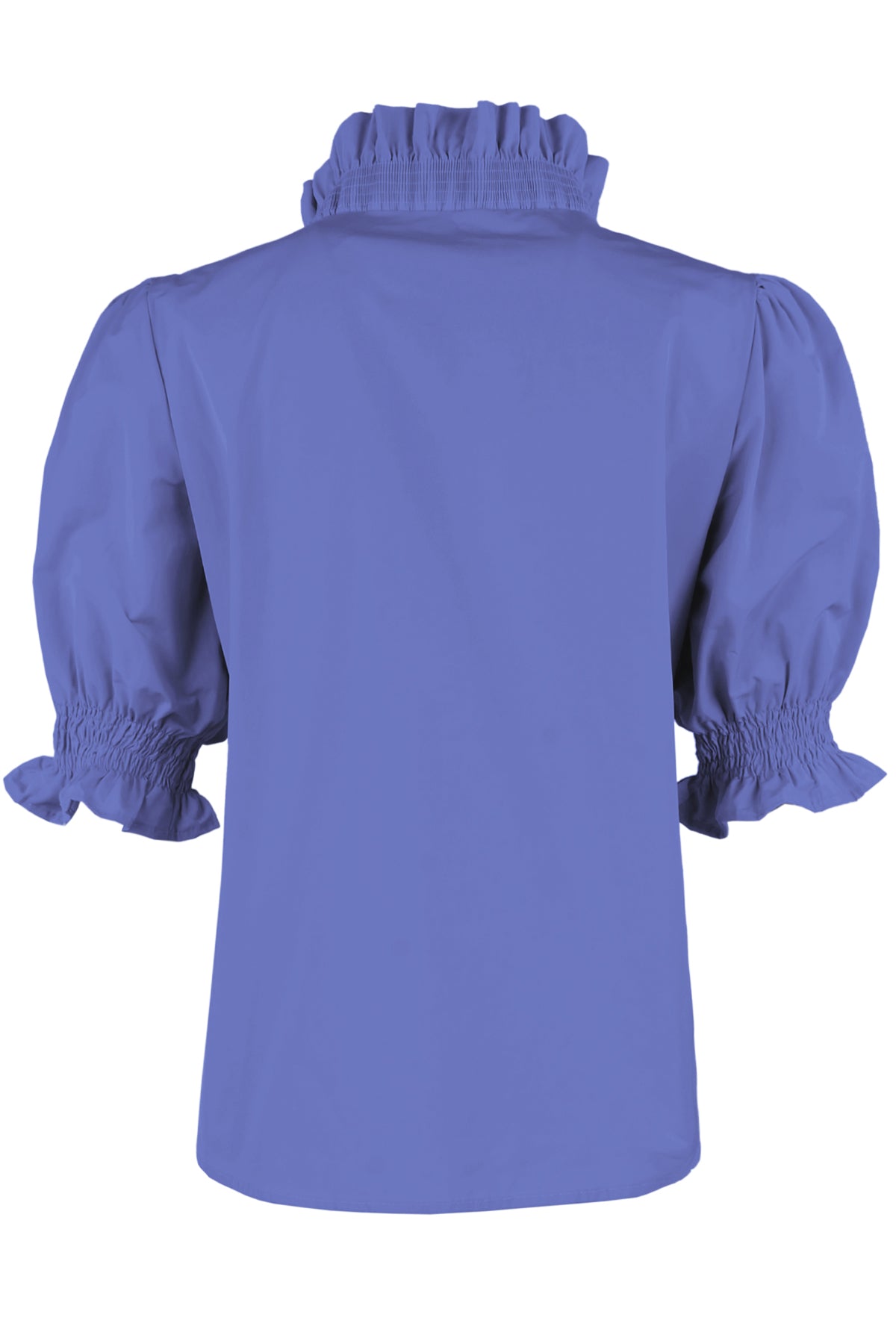 a back view of the Finley Cici blouse in periwinkle taffeta with a v-neckline, relaxed contour, and elbow puff sleeves.
