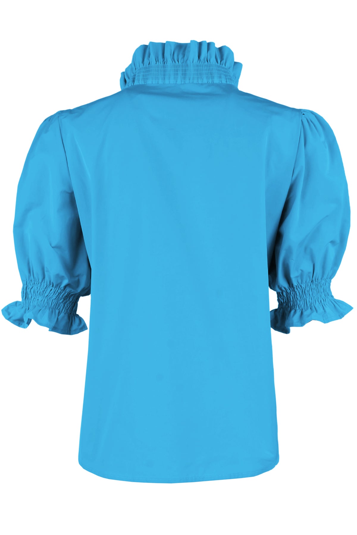 a back view of the Finley Cici blouse in turquoise taffeta with a v-neckline, relaxed contour, and elbow puff sleeves.
