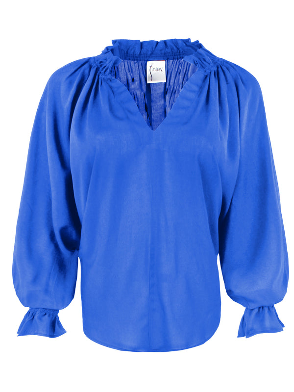 A front view of the Finley Candace blouse, a royal blue viscose voile popover top with long blouson sleeves and a v-neck.