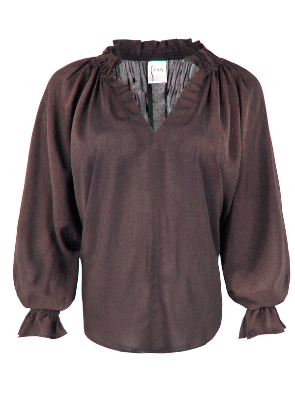 A front view of the Finley Candace blouse, a espresso brown viscose voile popover top with long blouson sleeves and a v-neck.