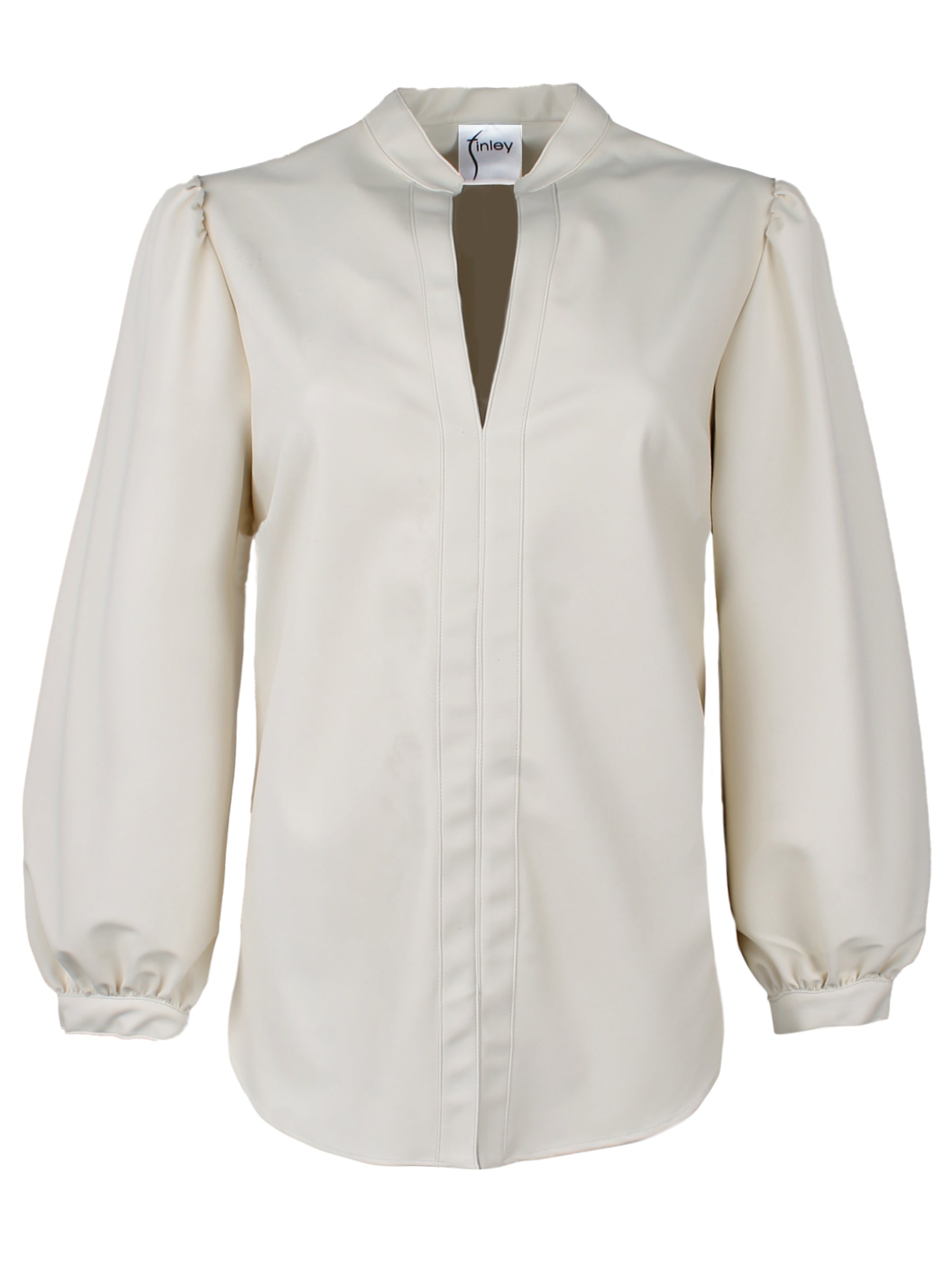 A front view of the Catherine shirt, made from vegan leather in ivory, featuring popover sleeves, a relaxed shape, split neckline, and rounded hem.
