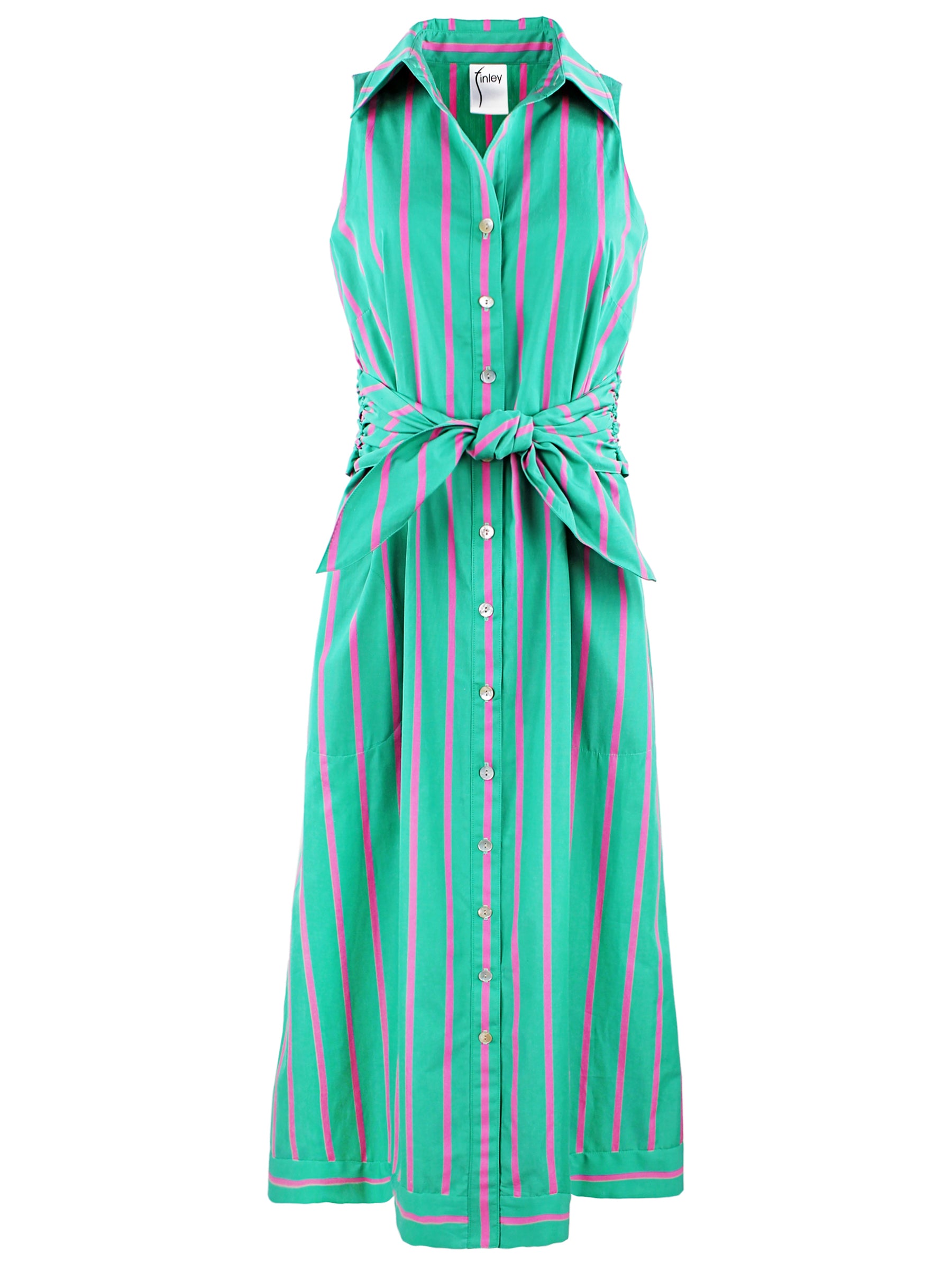 a front view of the Finley Ellis maxi shirt dress, featuring a tie-front belt, sleeveless design, green & pink stripe, and a ruched back.
