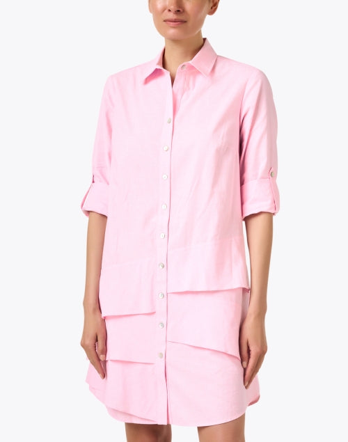 Jenna Ruffle-Tier Shirt Dress, Pale Pink Cotton/Linen Oxford