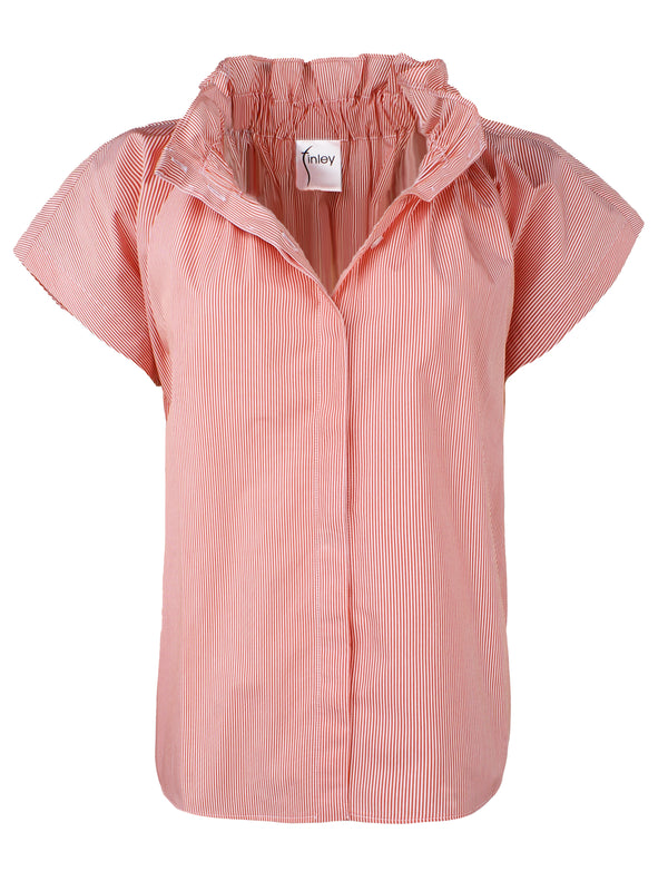 A front view of the Finley Jenny blouse, a short sleeve orange striped cotton blouse with ruffle collar detail and a relaxed shape.